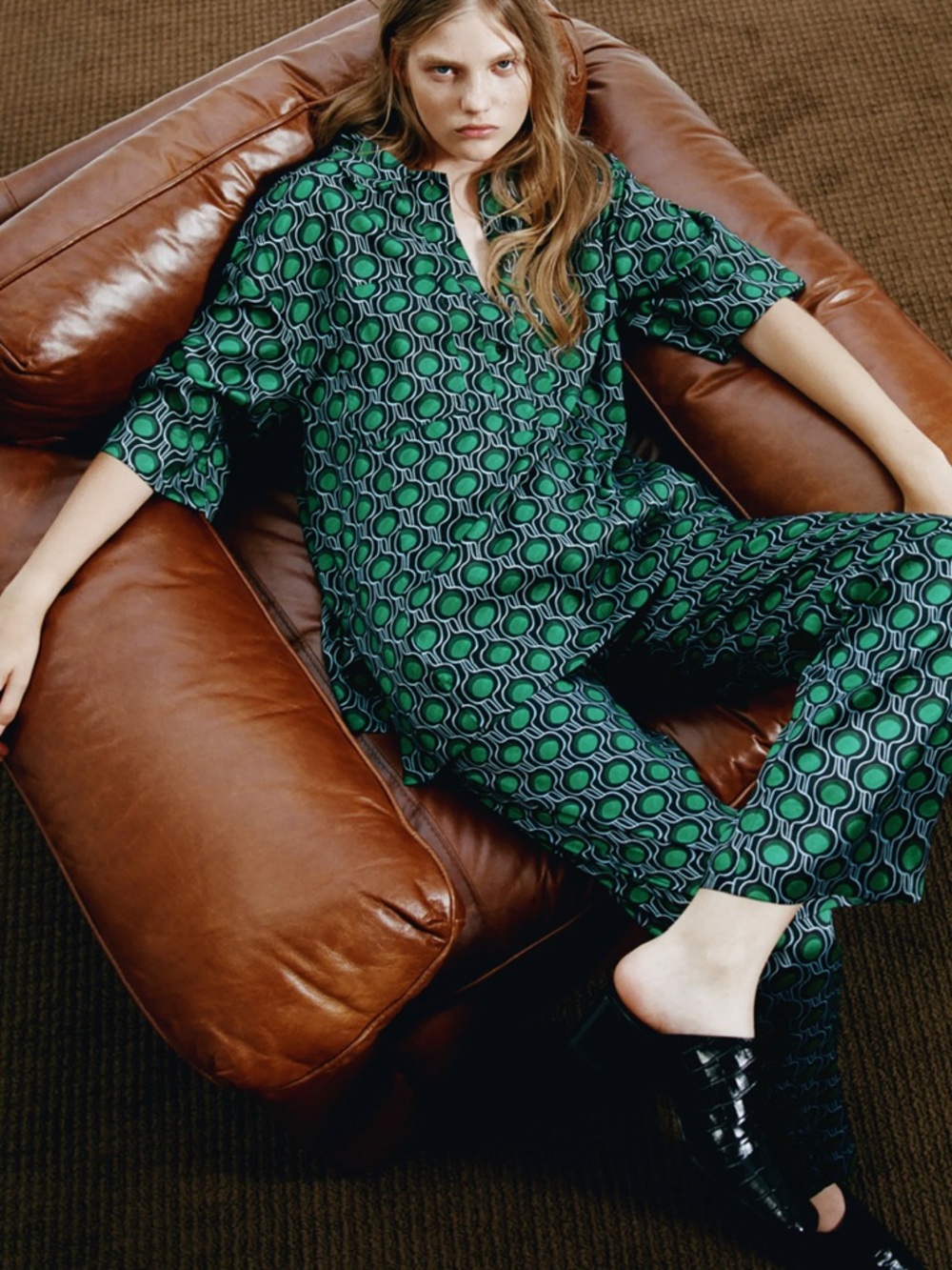 ZARA Printed Two Piece Set M Green Geometric Blouse & Pants Matching Set